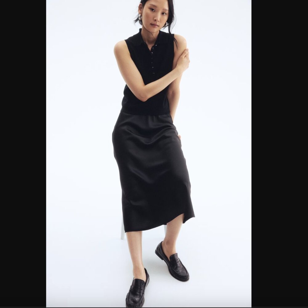H&M Black Maxi Slip Skirt – XL – Bias Cut Satin Look, Elastic Waist